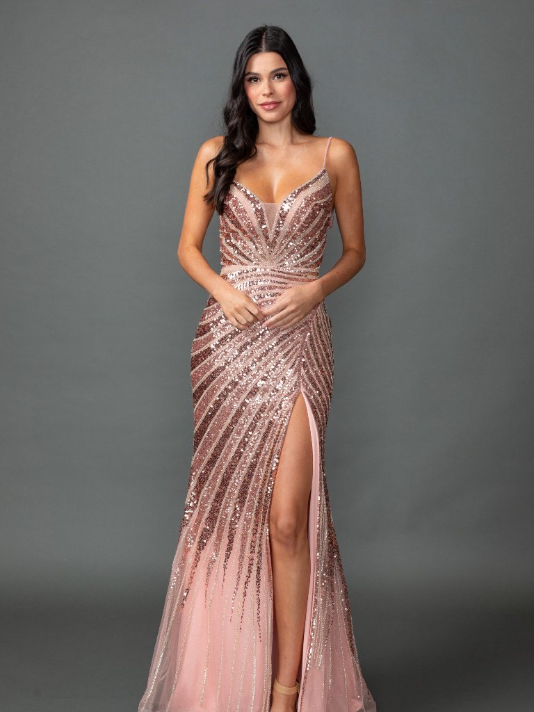 New Rose Gold Sequins Embellished Long Graduation Dress W/ Sheath Cut Dq 4557